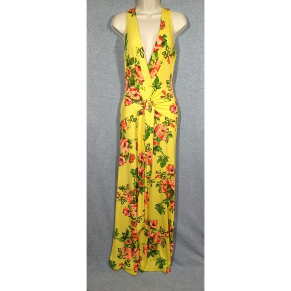 Vtg Maxi Dress S Form Fitting Yellow Lime Old Hollywood Style Sexy Heat Wave - Picture 2 of 13